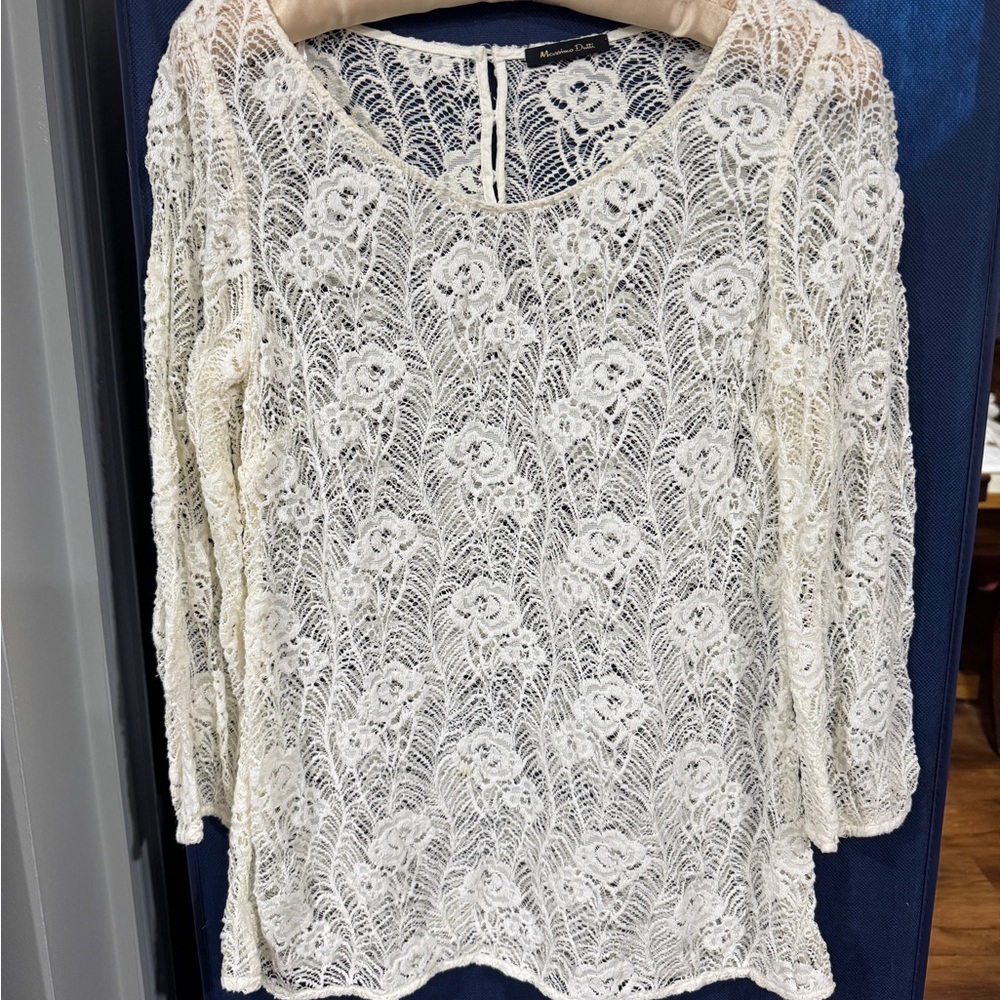 Massimo Dutti Floral Lace Ivory/Off-white/Cream Long-Sleeve Top, size 42